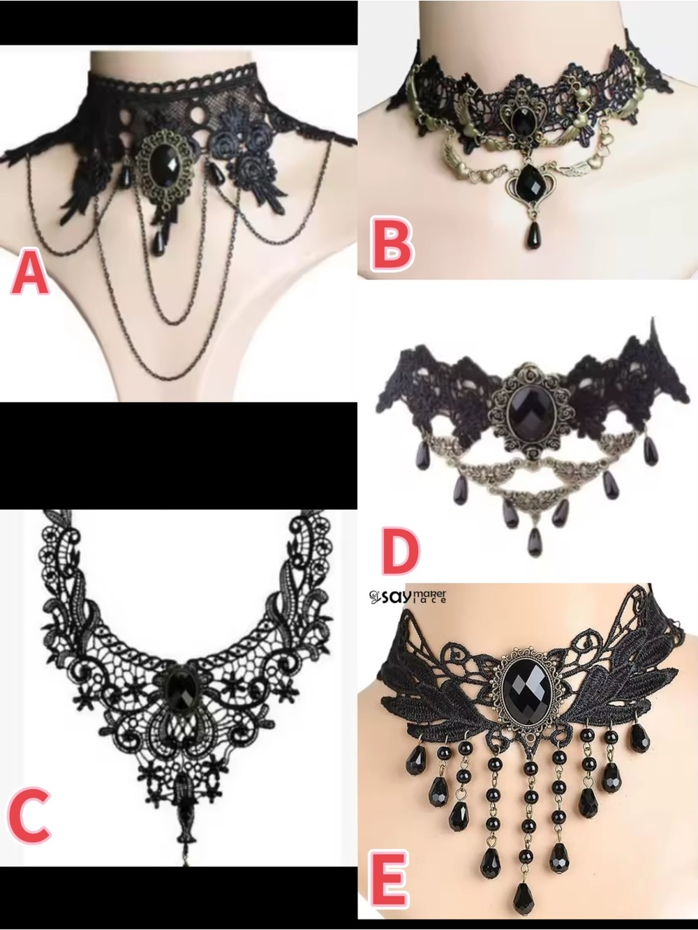 Black Victorian Lace Choker Necklace Gem Pendant adjustable NWT